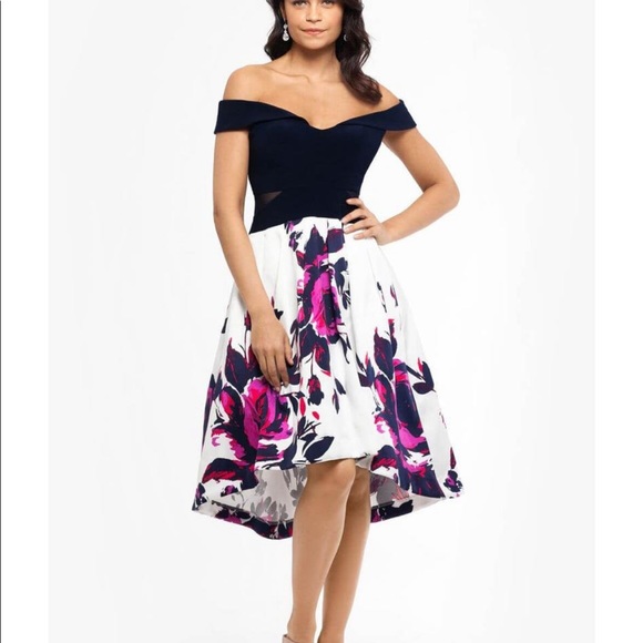 XSCAPE Print Floral High Low Off Shoulder Dress